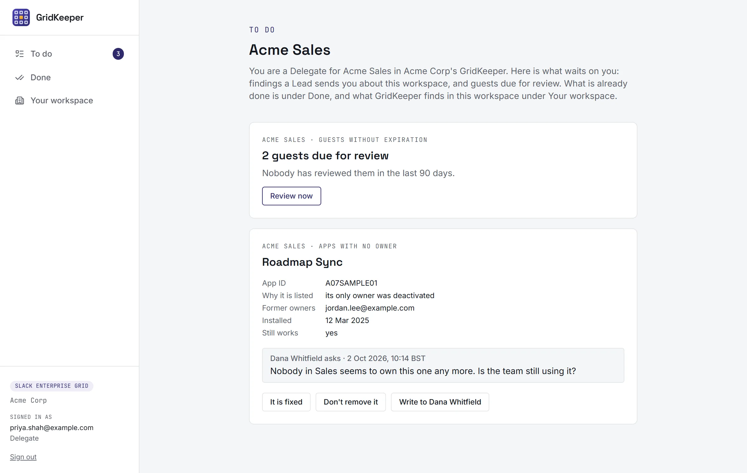 A Delegate's To do page for a sample workspace: two guests due for review, and an app with no owner sent by a Lead with a question, with buttons to answer.