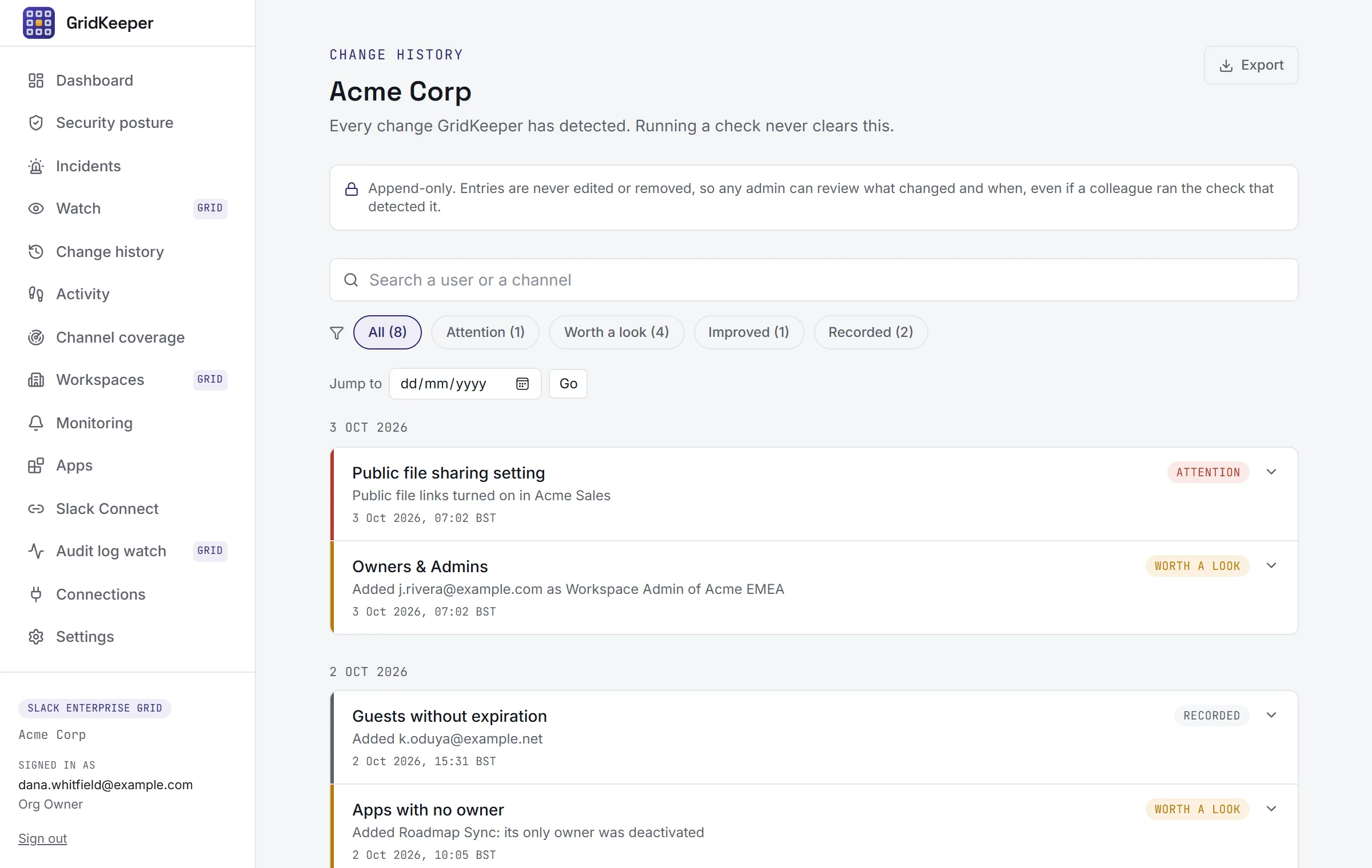 The change history for a sample organization: public file links turned on in one workspace, a new workspace admin, a new guest and an app that lost its owner, each dated and graded.